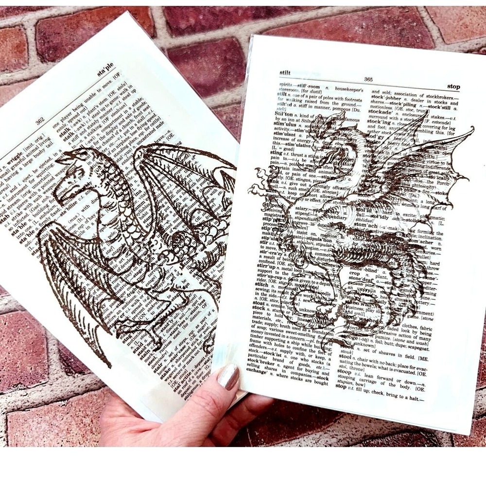 Dragon Theme Upcycled Dictionary Art Prints Set of 2‎ Mini Posters Fantasy OOAK